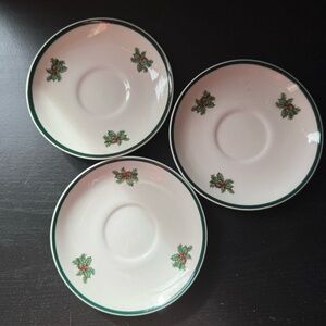 VTG JOHNSON BROS SET 3 VICTORIAN CHRISTMAS HOLLY BELLS FOOTED SAUCERS